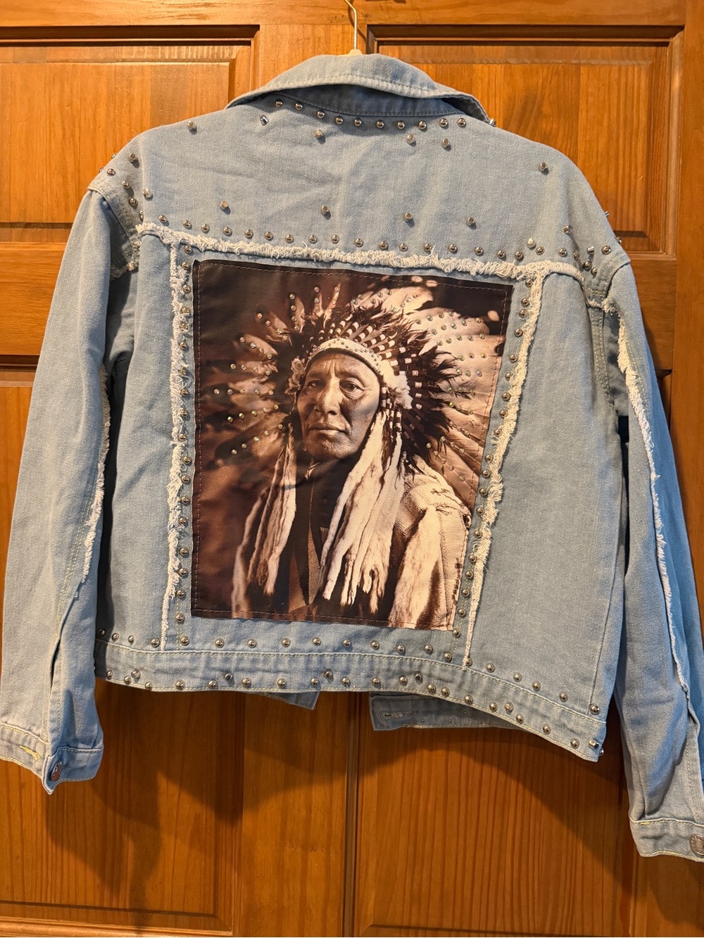 NWOT! Ssz S-M Light Blue Studded Denim Jacket with Native Portrait Back Panel